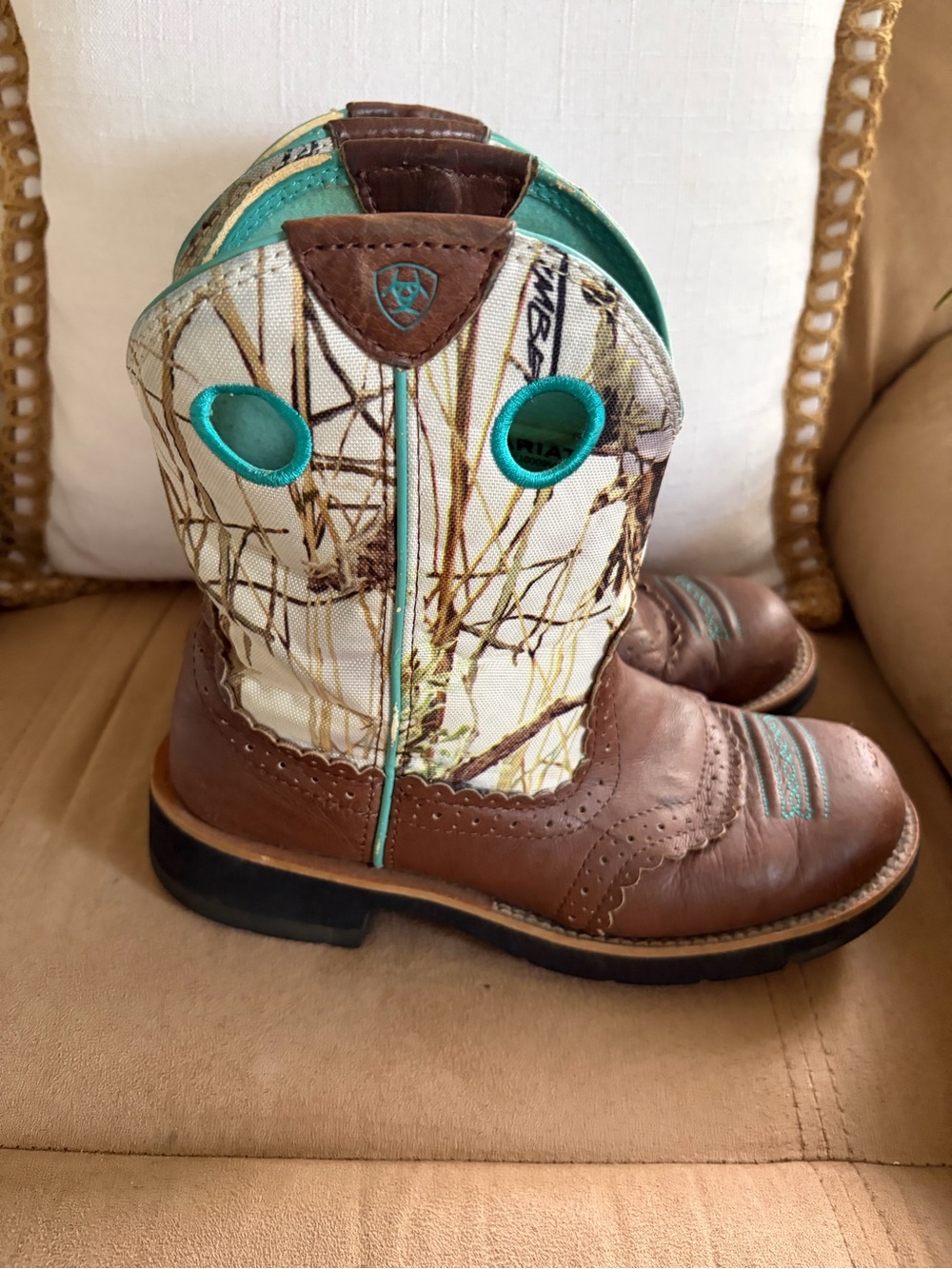 Ariat Brown Leather Kids' Western Boots with Turquoise Accents